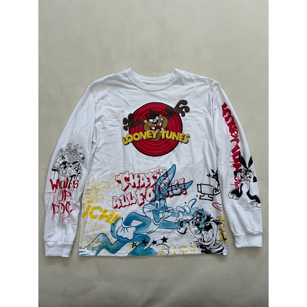 Looney Tunes Bugs Bunny Taz Graphic Long Sleeve T Shirt Size L Vivid White